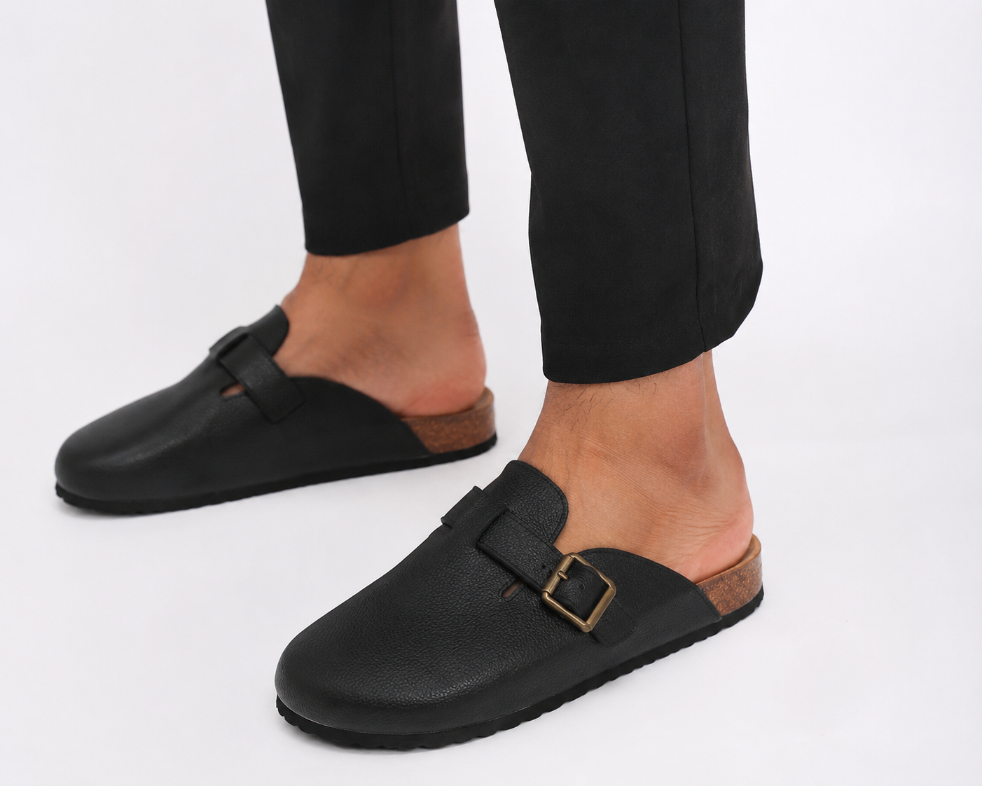 Men’s Classic Black Buckle Mules