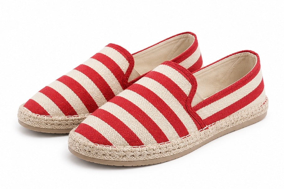 Unisex Red & White Striped Espadrille Slip-On Shoes