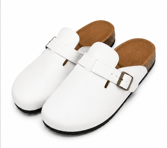 Unisex White Buckle Mule Sandals
