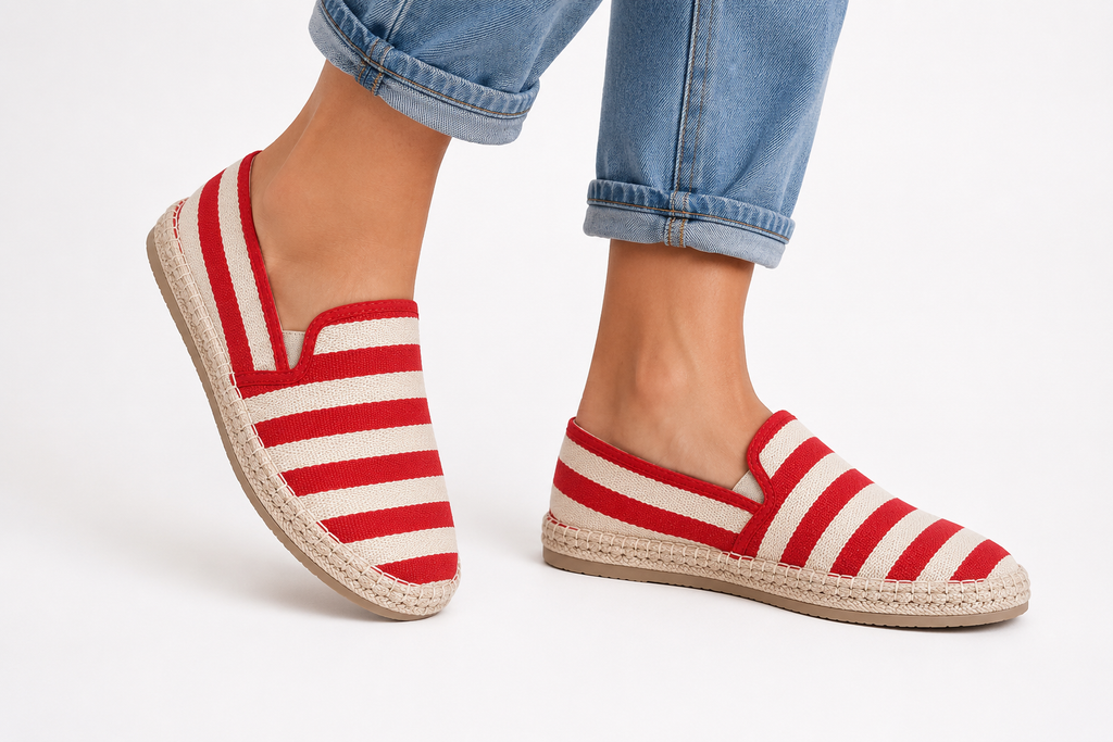 Unisex Red & White Striped Espadrille Slip-On Shoes