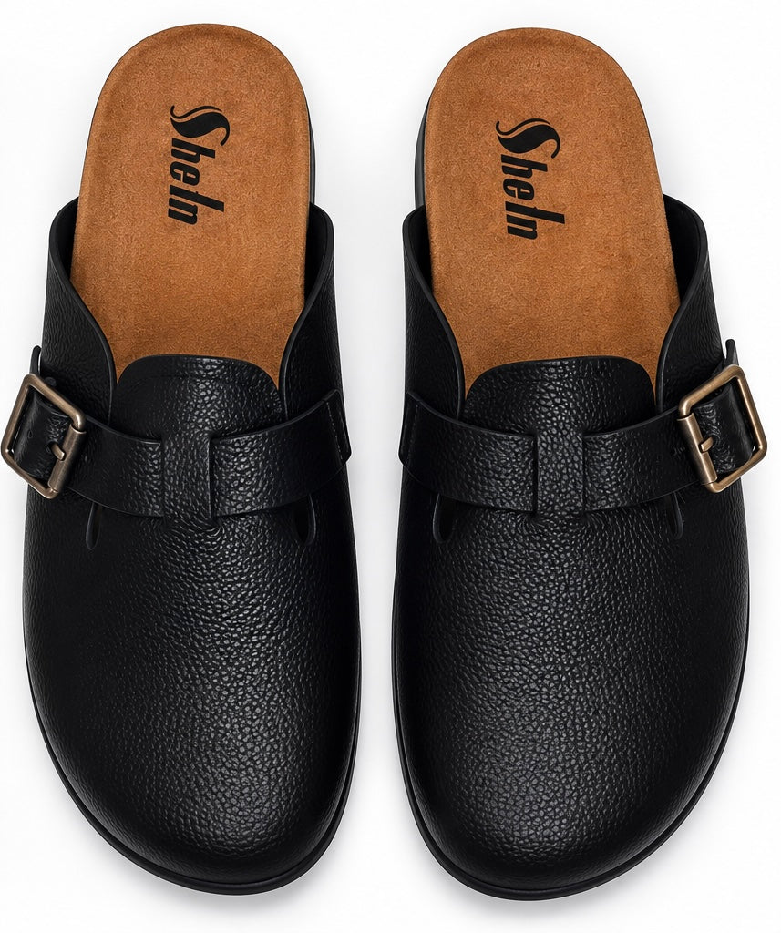 Men’s Classic Black Buckle Mules