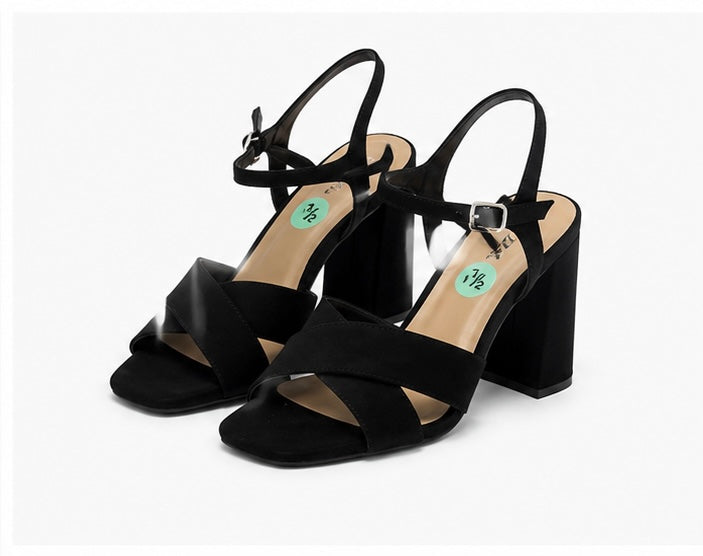 Women’s Black Block Heel Sandals – Elegant Strappy Dress Shoes