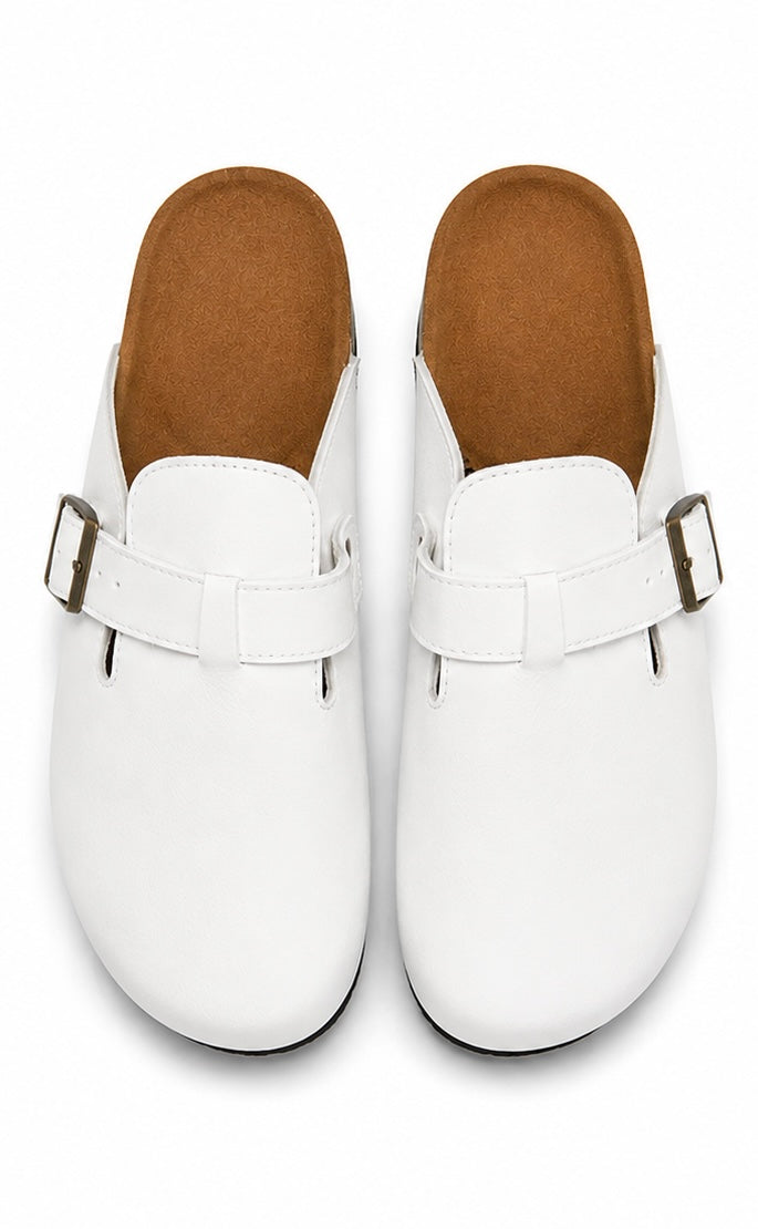Unisex White Buckle Mule Sandals