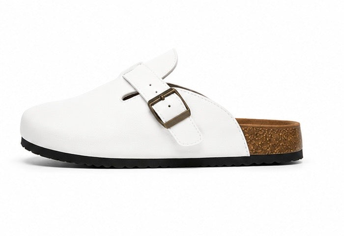 Unisex White Buckle Mule Sandals